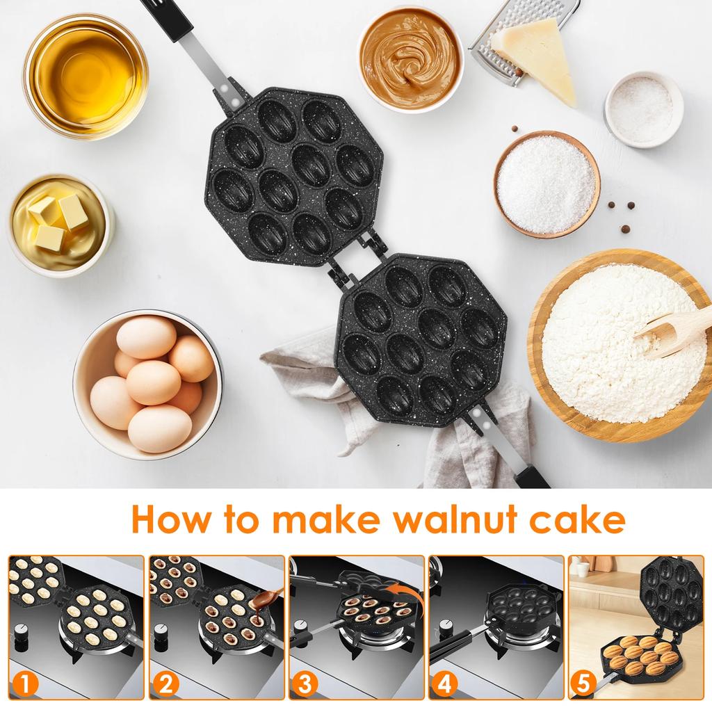 10 Holes Walnut Cookie Mold Heats Evenly Aluminum Alloy Oreshki Pastry Maker Non-stick with Detachable Handle Kitchen Utensils