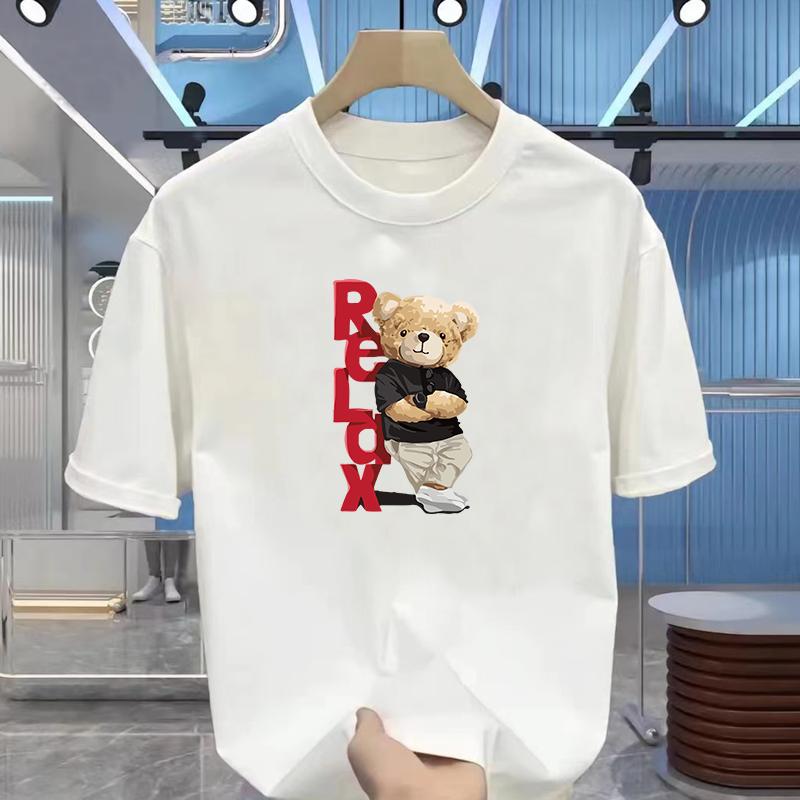 Men's Summer 100% Cotton Fashionable Casual Loose Large Size Letter Bear Printed Sports Round Neck Short Sleeve T-shirt Top