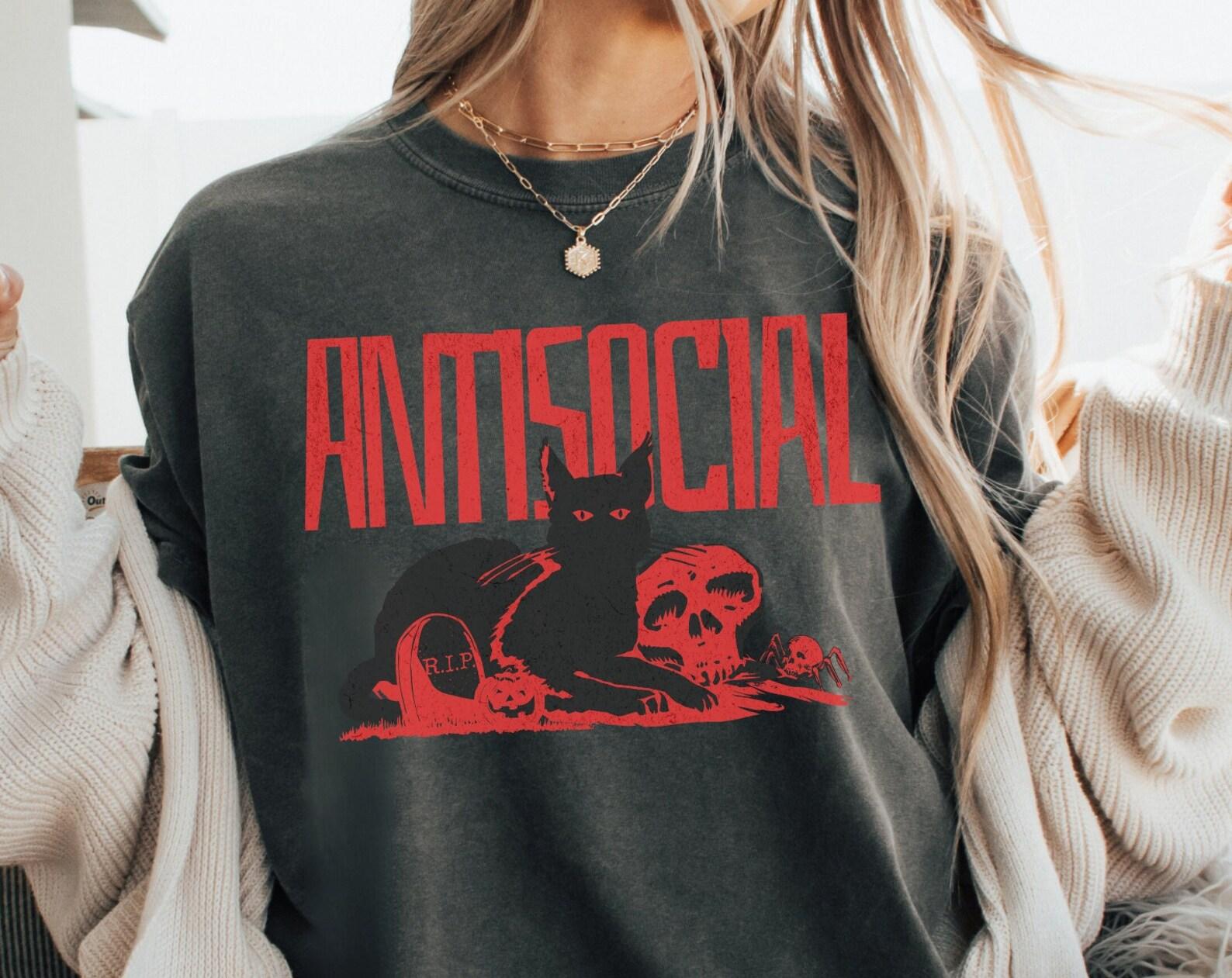 Antisocial Shirt, Retro Black Cat Skull T-Shirt, Vintage Gothic Graphic Tee, Unisex Comfort Colors Shirt, Paranormal Haunted Witch Shirt S