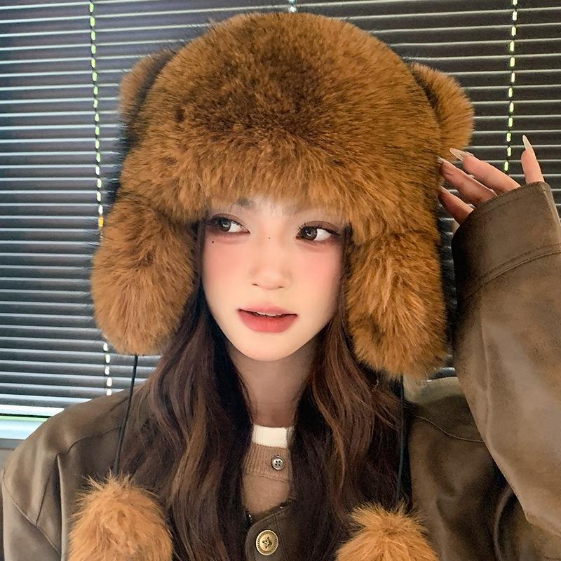 Cute little raccoon with tail hat female winter thickened warm student versatile outdoor bag head cold hat