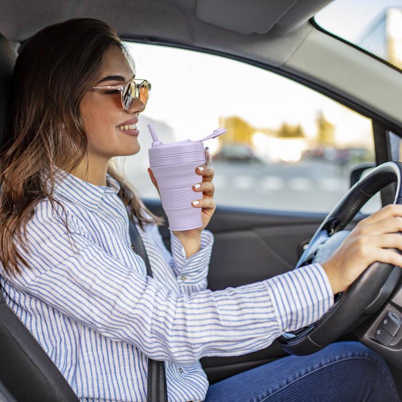 Nueva Taza Plegable de Gel de Sílice Taza de Café Plegable con Pajita Mosquetón con Botón de Escalada