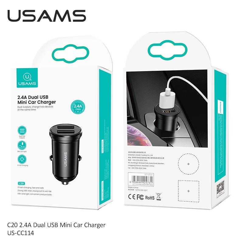 USAMS 2.4A 5V Dual USB Car Charger USB 2 Ports Cigarette Lighter Adapter Charger Mini Power Adapter for IPhone IPad Huawei Samsung Xiaomi Smart Phones