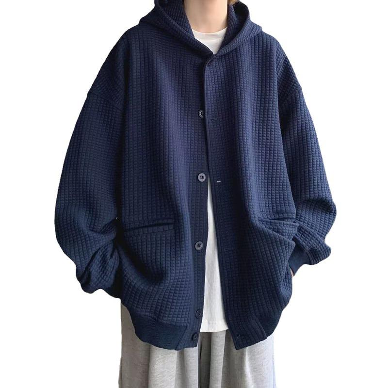 Japanese Style Hooded Open Cardigan Sweatshirt Men's Spring Autumn Heavy Pure Color Loose Trendy Jacket Couple Outerwear