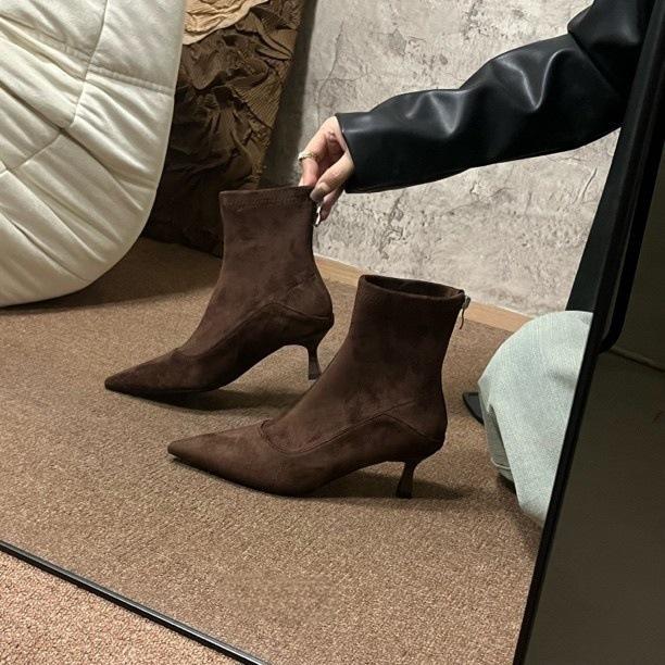Autumn and winter French temperament pointed thin boots versatile high heel rear zipper suede fashion boots