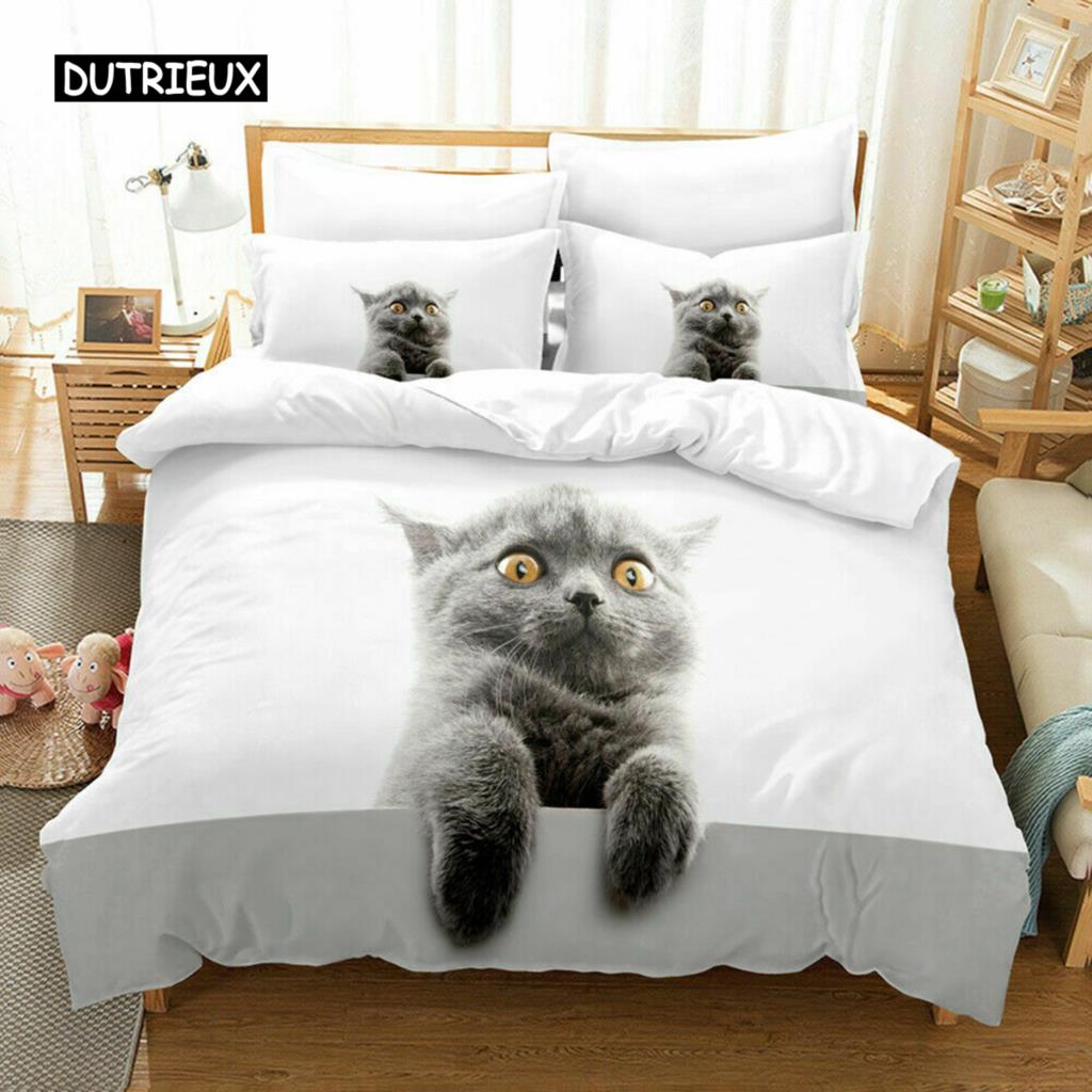 Cat Duvet Cover Set Girls Boys Cute Blue Cat 3D Print Bedding Set Bold Blue Animal Double Queen King Size Polyester Quilt Cover