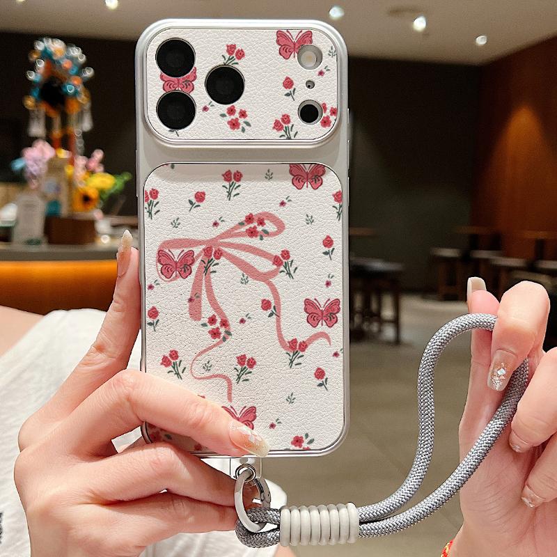 Pink Bowknots Floral Leather Lanyard Case For iPhone 18 Pro Max 17 16 15 14 13 Pro Max Luxury Hybrid TPU+PU Anti-skid Soft Phone Cover