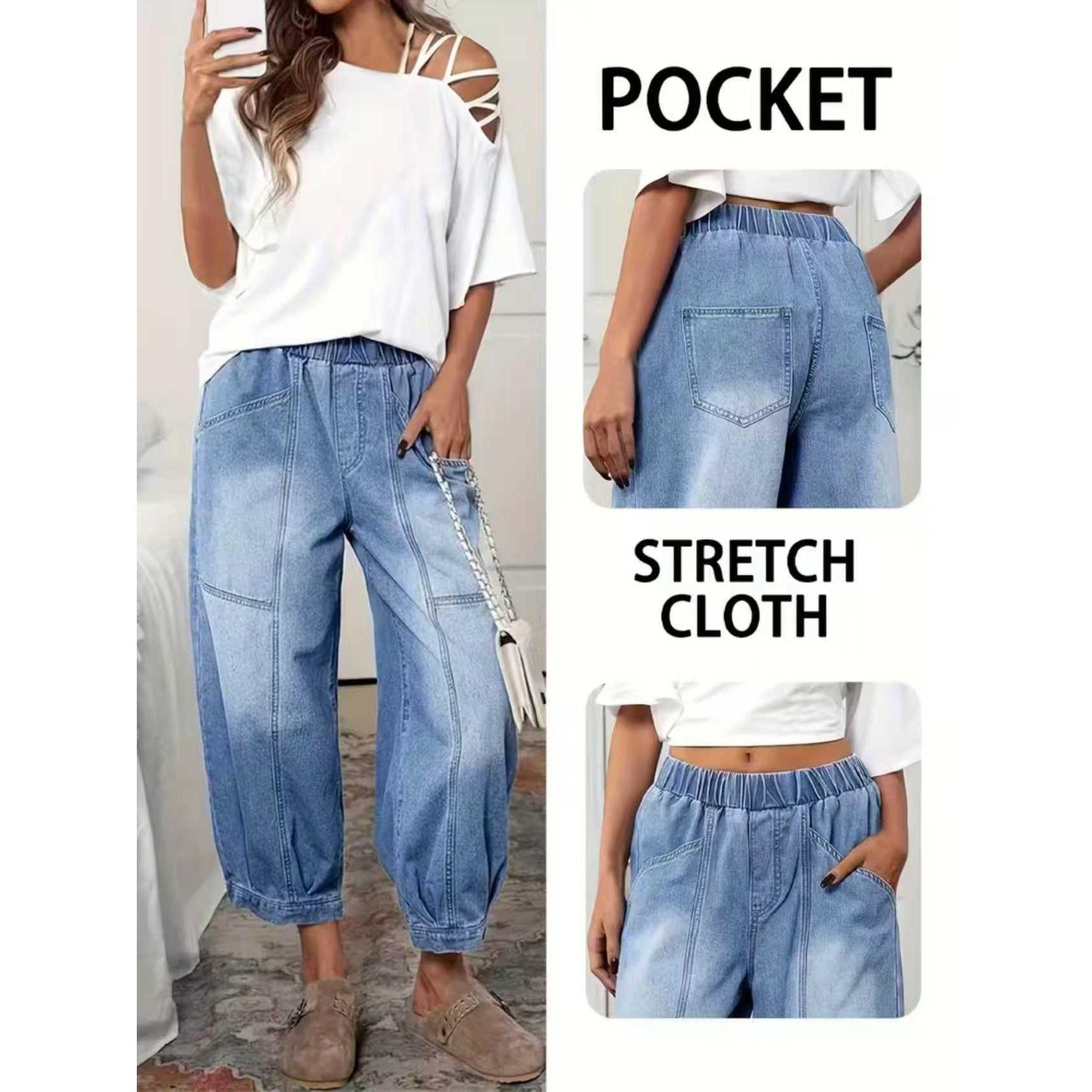 Trendy European-American Wide-Leg Elastic Waist Women s Casual Jeans 4XL