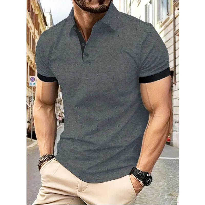 Men's Short Sleeve Color Matching Fashion with Men's Lapel Short Sleeve