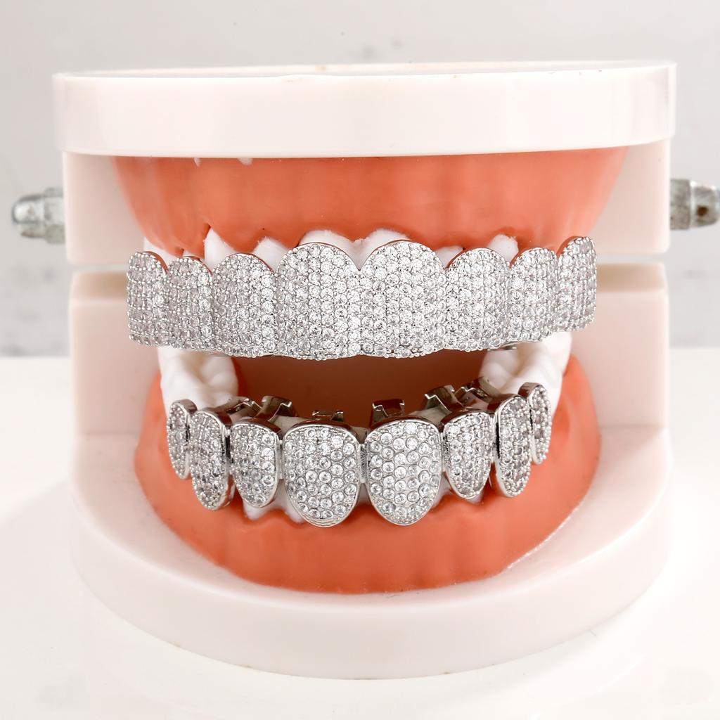 Iced Out Plná mosaz Zirkon Osm zubů Grillz Hip Hop Ústa Zuby Dekorace Halloween Cosplay Rap Zub Šperk Dárek