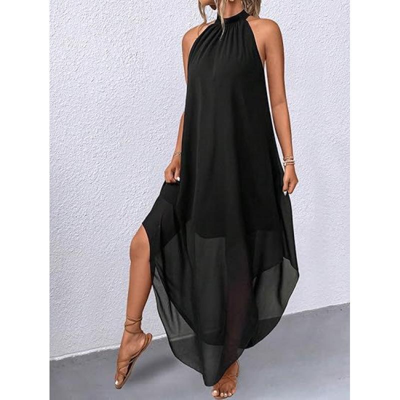 Hochzeitsgastkleid schulterfrei fließend einfarbig ärmellos asymmetrisch böhmisch lang Kleid Damen