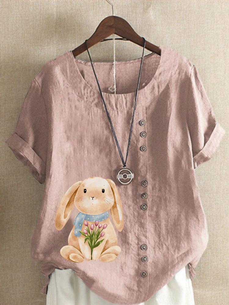 Women's Fashion Rabbit Print Casual Cotton Linen Short Sleeve Round Neck T-shirt Shirt Leisure Loose Summer Blouse Tops
