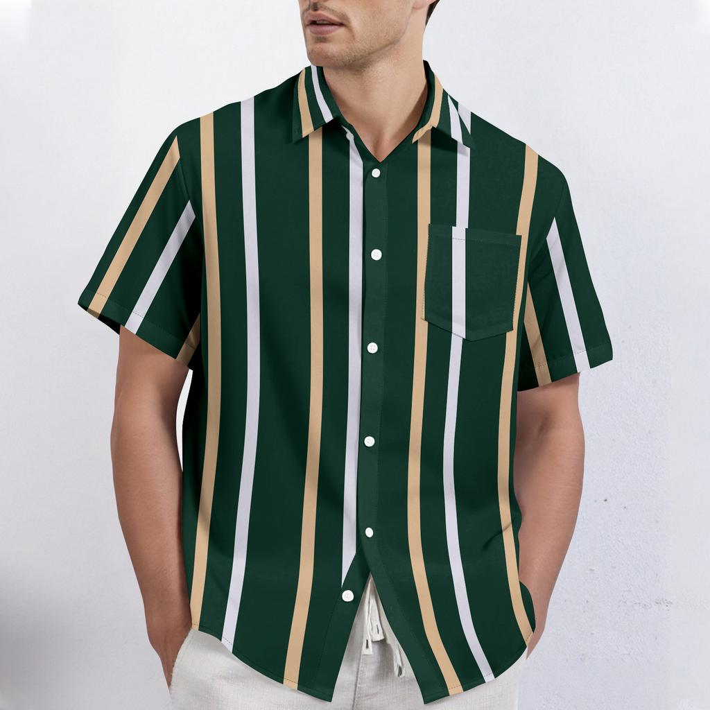 Striped Color Blocking Print - Men's Casual Short Sleeved Shirt