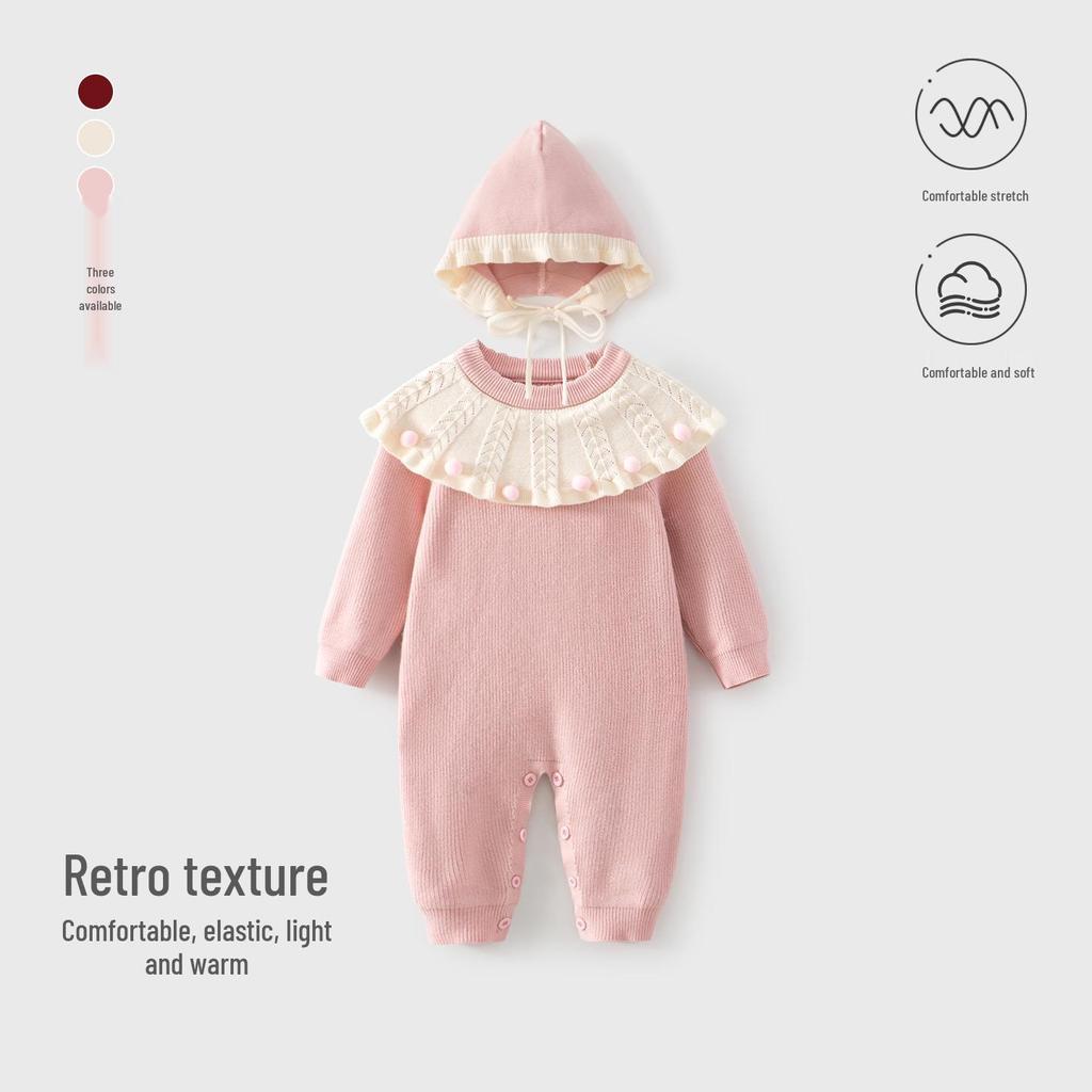 Newborn Baby Girl Knit Sweater Onesie - Autumn/Winter Princess Style Full Moon Bodysuit for 100 Days Celebration