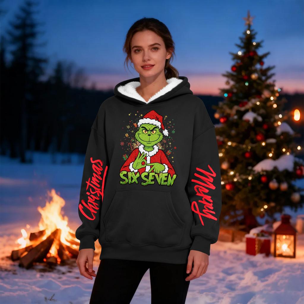 Women's Casual Fashion Plus Velvet Thickened Christmas Print Hooded Sweatshirt
