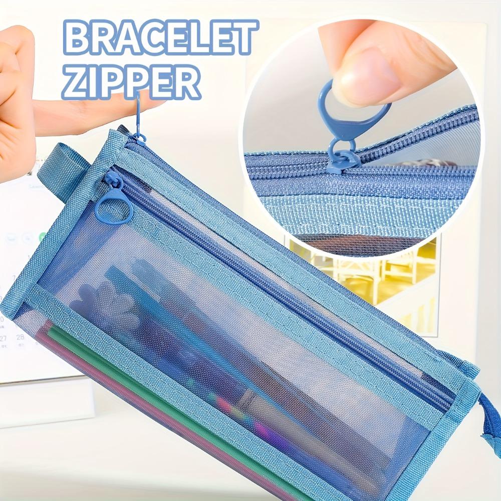 Desk Storage Morandi Mesh Pencil Case with Handle and Zipper, Cute Transparent Stationery Storage Bag