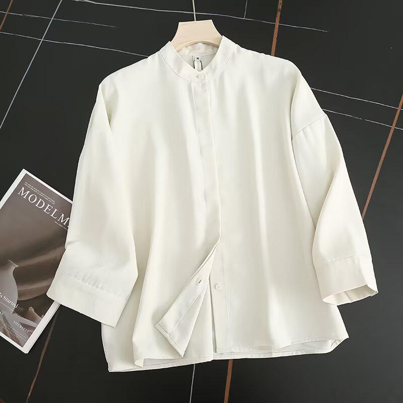 

Весна/Лето 2025 Драпированная рубашка с рукавами семь восьмых и тонкая куртка со стойкой - Повседневная женская одежда в японском стиле XL покинуть белый