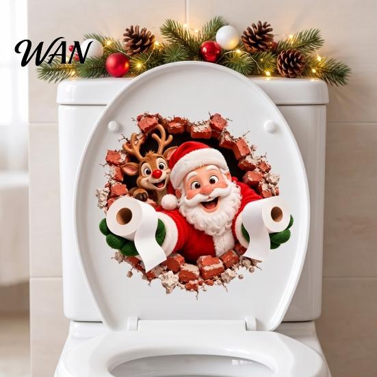 Removable PVC Wall Art Christmas Toilet Stickers, Funny Santa Claus Delivering Tissues Cover Murals Waterproof Lid Tank Seat Decals, Self-Adhesive