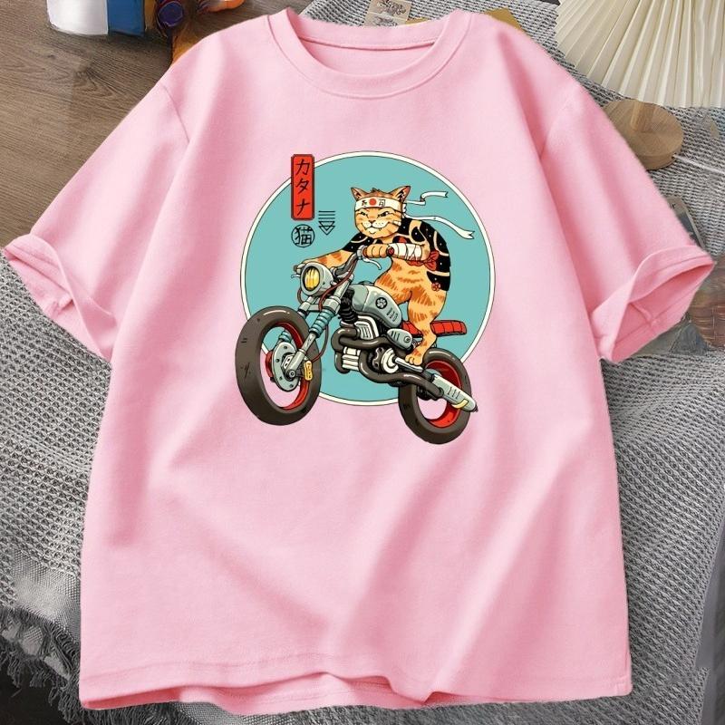 Cat Motorcycle T Shirt Casual Cotton Short Sleeve Tshirt for Women Japanese Style Vintage Graphic Tees Unisexs Clothes Streetwear