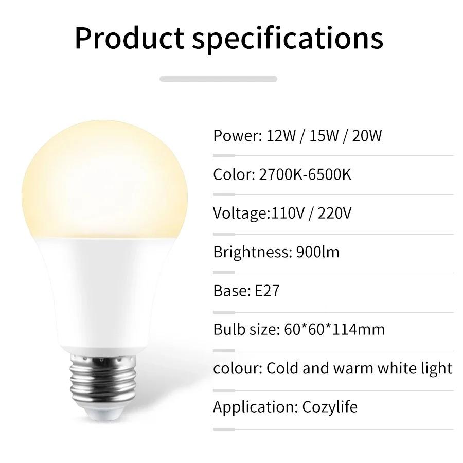 12W 15W 20W WiFi Smart LED Light Bulbs 220V 110V E27 LED Smart Alexa Lamp Cozylife APP Lampada Support Google Home Vioce Control