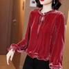 Autumn Spring Women Blouse Velvet Shirts Tops Vintage Long-sleeved Bow Ruffled Blouses Casual Loose Ladies Tops Female Clothes Pullover