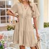 Women's Fashion Casual Ruffled Dress Short Sleeve V-Neck Large Swing Dress