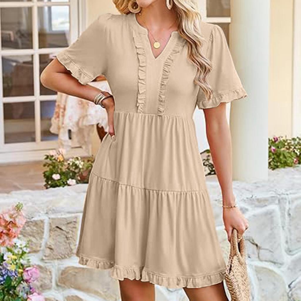 Women's Fashion Casual Ruffled Dress Short Sleeve V-Neck Large Swing Dress