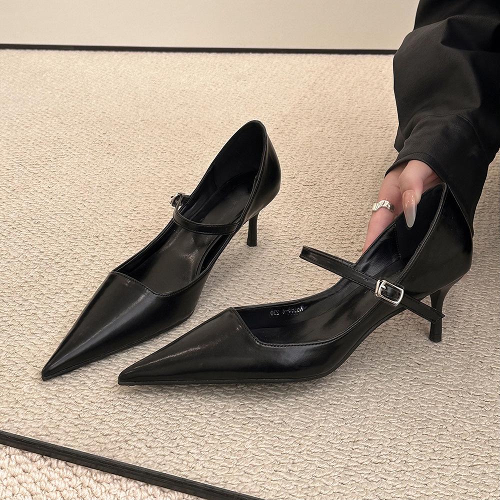 2025 spring new one-word with stiletto single shoes pointed black high heels femininity advanced not tired feet