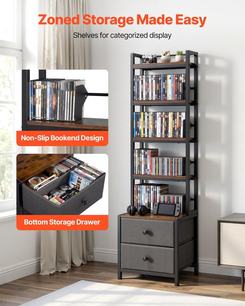 Media Storage Cabinet, 4-Shelf DVD Shelf Organizer with Drawers, 40 X 30 X 143.5 Cm Multimedia Storage Organizer for CDs, DVDs, Books and Games, CD