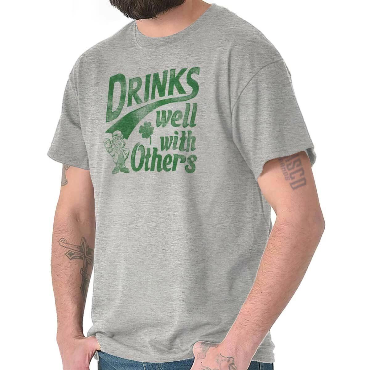 Drinks Well With Others Funny St Patty s Day Crewneck T Shirt Tee Men or Women XS