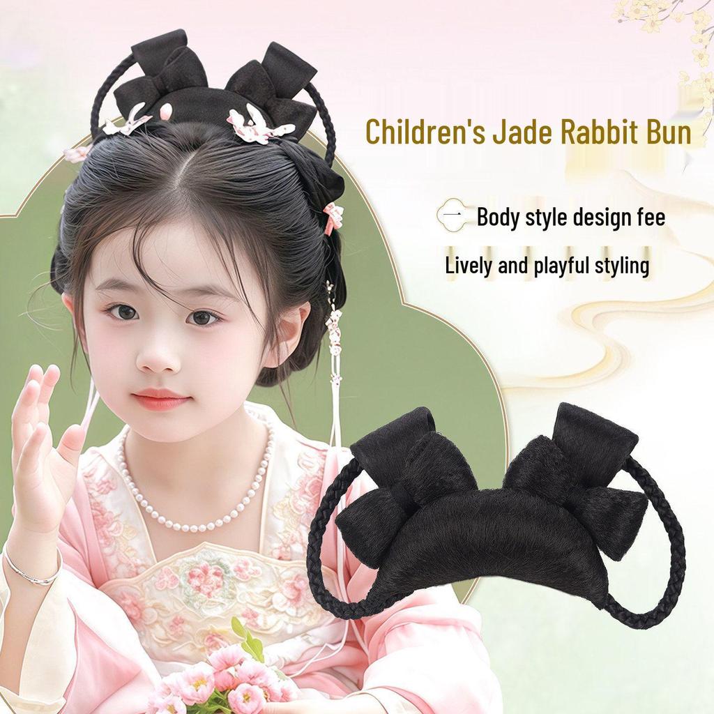 Jade Rabbit Hanfu Wig: Children's Ancient Style Tang Dynasty Updo with Hair Padding and Bun Headdress