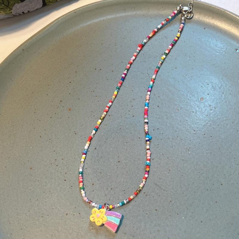 Fashionable Sweet Beads Necklace Short Choker Y2K Colorful Jewelry Pendant Necklace Rice Beads Material for Women Girls