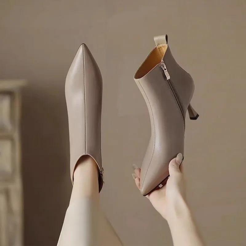 Elegant Modern Boots Women 2024 Winter Hot Sale Ankle Women's Boots Fashion Sewing Pointed Toe Thin Heels Side Zip Shoes Women