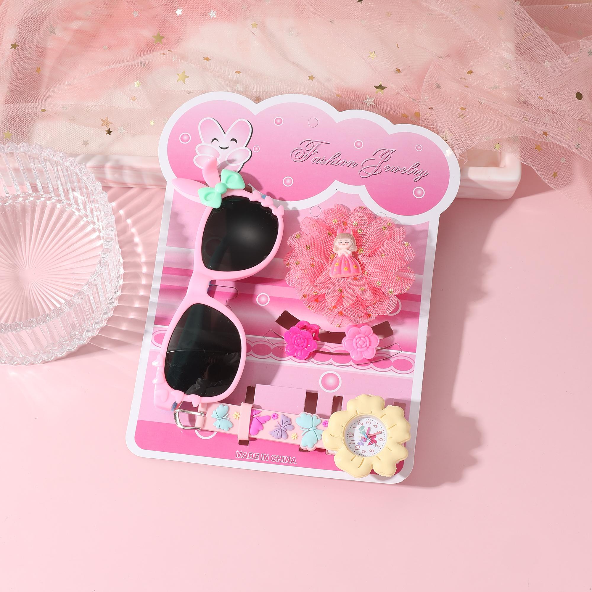 

Высококачественные мультяшные часы с красочными цветочными узорами, силиконовые кварцевые часы, набор из четырех ювелирных изделий розовый