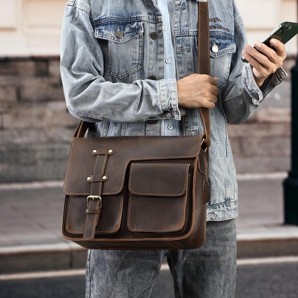 Men's Genuine Leather Crossbody Bag, Crazy Horse Cowhide Mailman Bag, Men's Single Shoulder Multifunctional Computer Briefcase