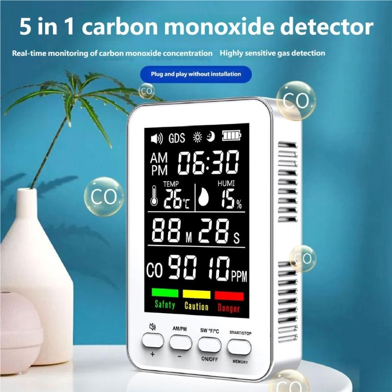Intelligent Harmful Gas Alarm With Temperature Moisture Display Clock And Magnetic Back For Indoor Use