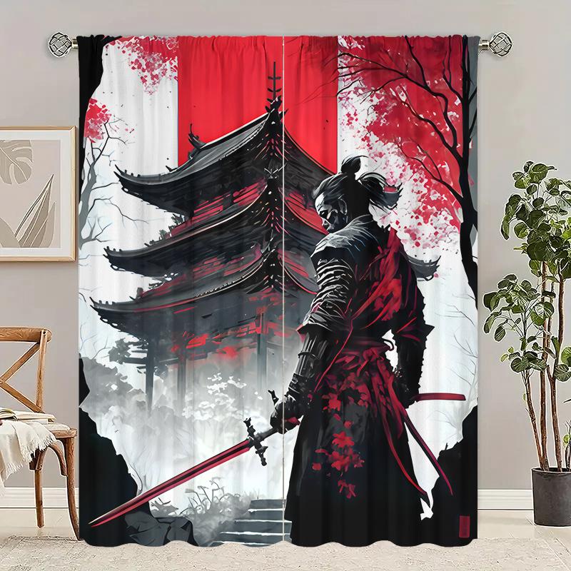 2 Curtains In Samurai Print - Polyester - Suitable for Bedroom, Living Room, Study, Private Space + Magnetic Binding