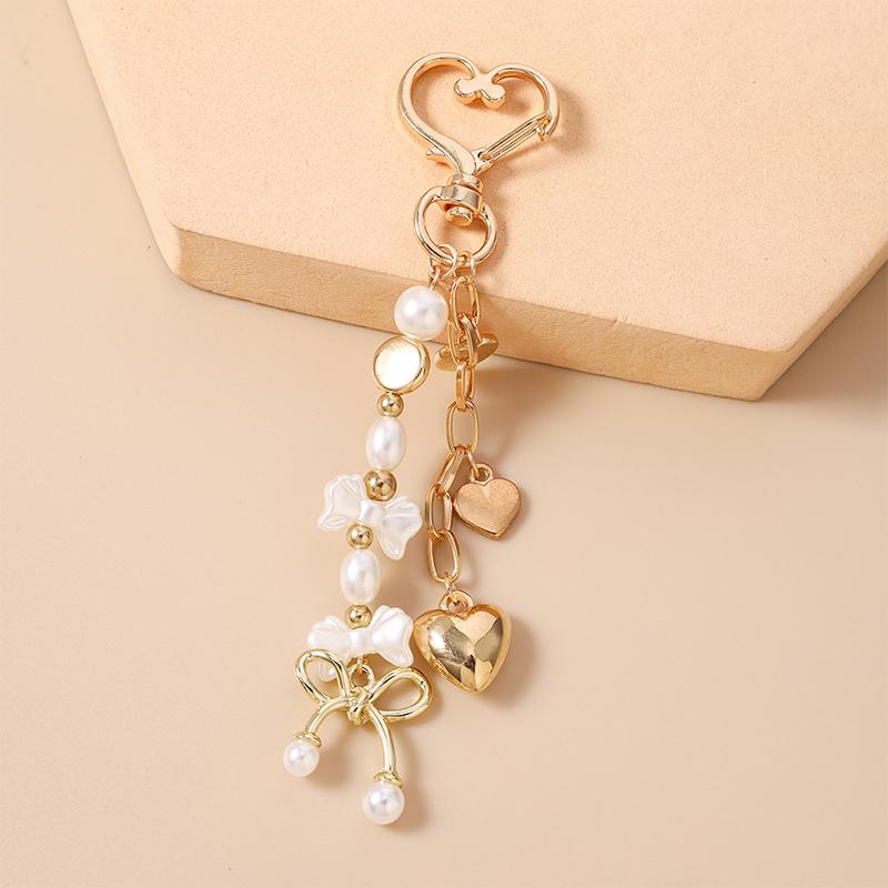 Cute Bowknot Love Heart Keychain Pearl Key Ring Pendants For Women Girls Handbag Decor Diy Handmade Key Chain Gifts