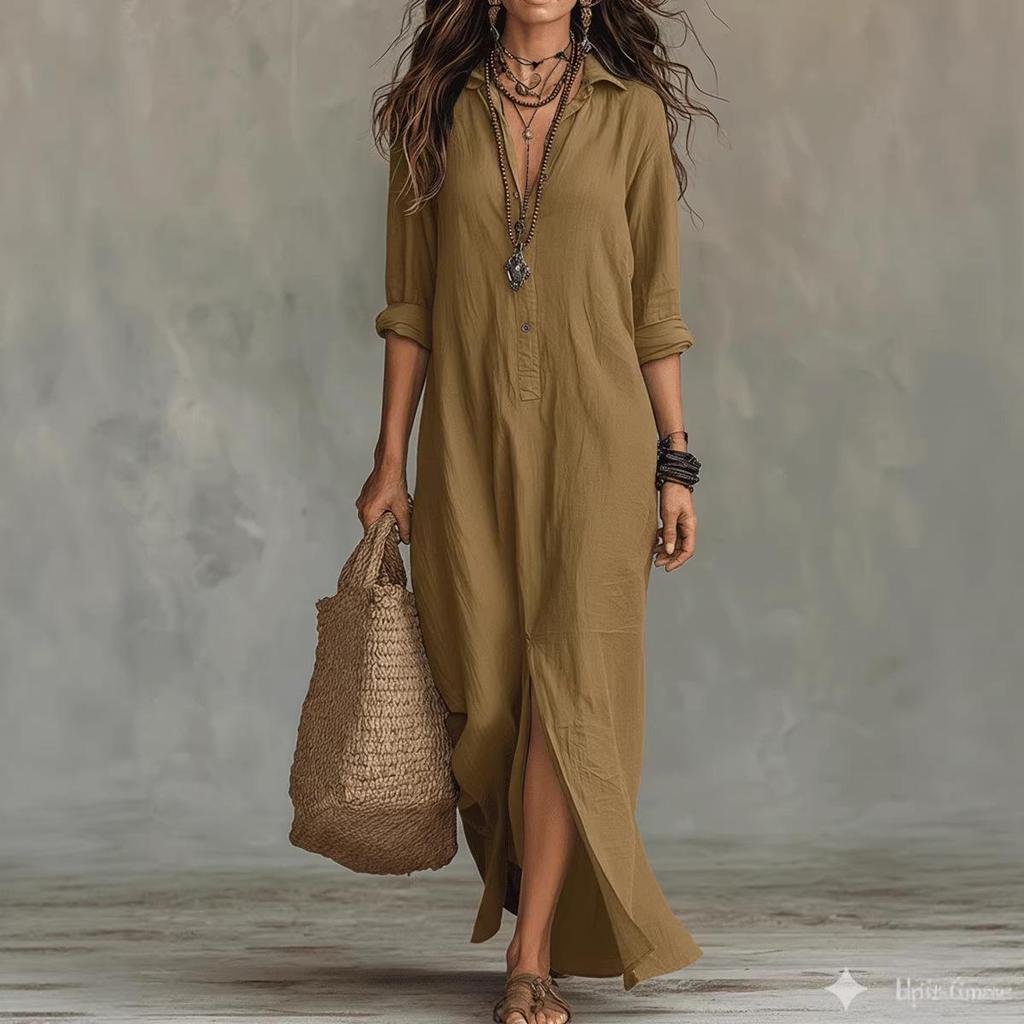 2026 Spring/Summer Casual Solid Color Lapel Slit Dress