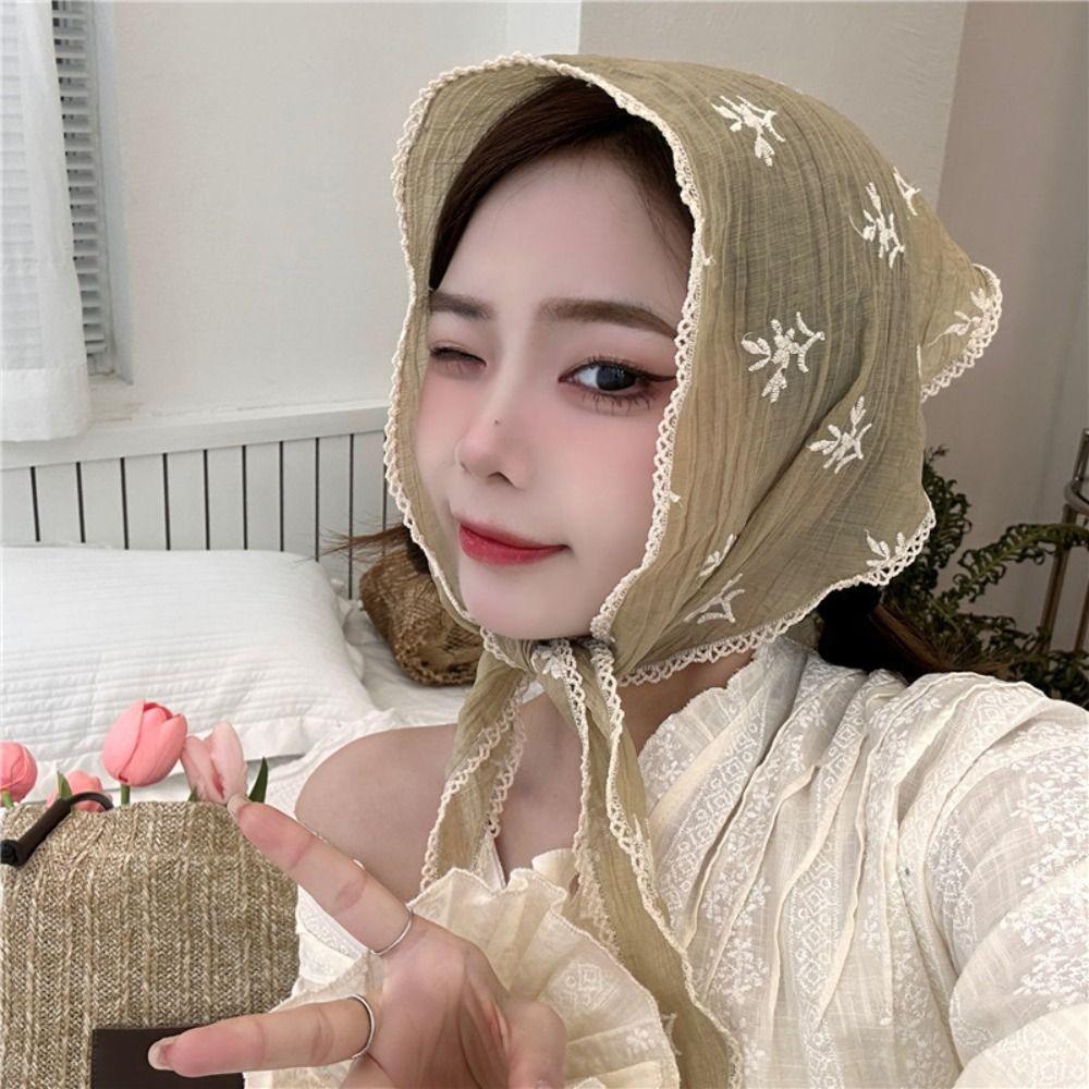 Sweet Floral Lace Hair Scarf Pastoral Style Bohemia Bandana Cotton Linen Hair Band  Women