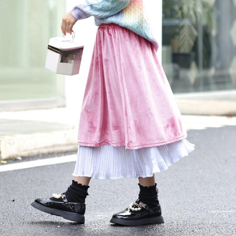 

Юбки для девочек, осень-зима, бархатная юбка средней длины, повседневная универсальная юбка для школьников-подростков, модная юбка трапециевидной формы для детей 165cm розовый