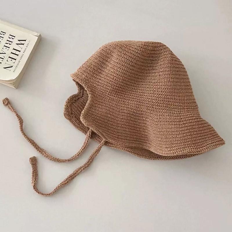 Summer Women Knitted Sun Hat Solid Color Breathable Wide Brim Bucket Hats Ins Korean Girl Beach Travel Windproof Strap Basin Cap