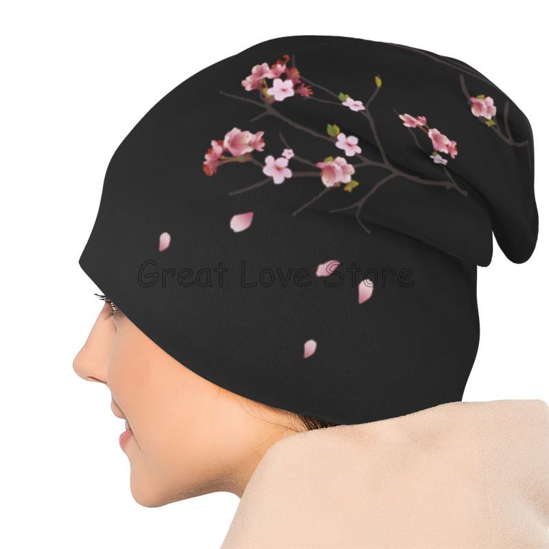Japanese Sakura Cherry Blossoms Black Beanie Hat Unisex Warm Bonnet Cap Adults Knit Hat Headwear Vintage Street Skullies Beanies
