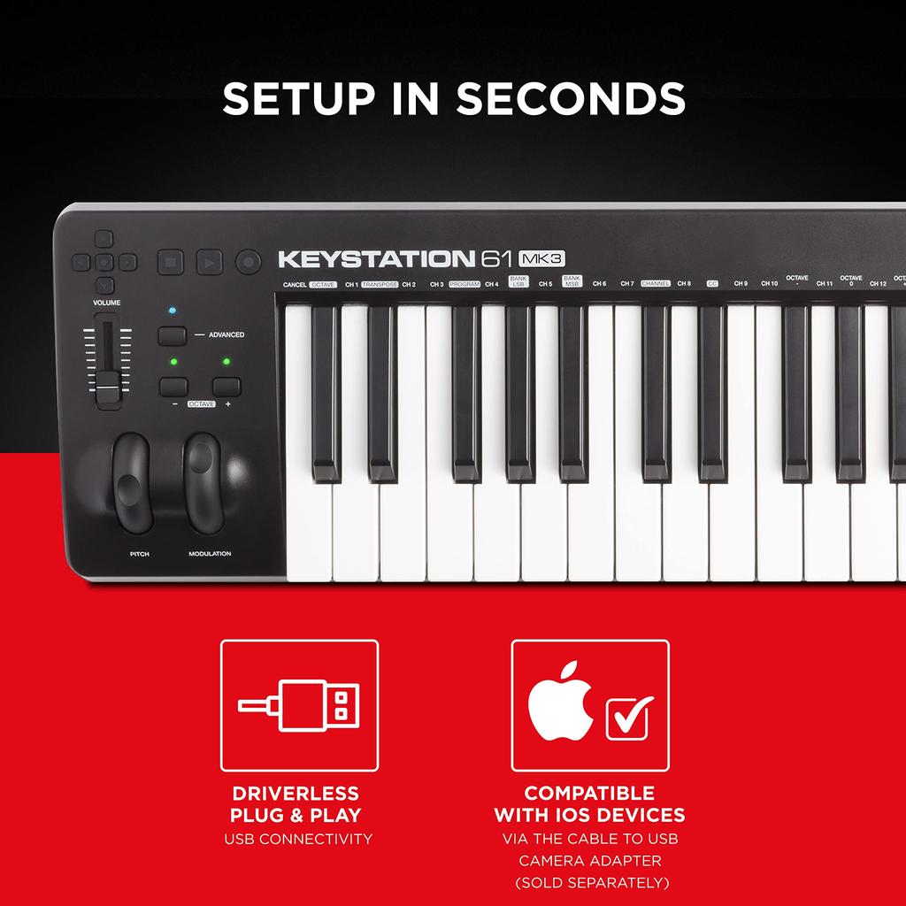 USB MIDI 61 Piano Sound Source Software Music Wide Range of Performances with Both Hands Keystation61 III M-Audio Keyboard, Keys, Semi-Weight,