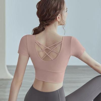 Damen Stoßfestes Schnelltrocknendes Yoga-Top mit Brustpolstern - Hochwertige Kurzarm-Fitnessbekleidung