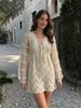EDOLYNSA Sexy Tiefem V-ausschnitt Lace-up Glocke Ärmel Stricken Mesh Aushöhlen Strand Mini Kleid 2024 Sommer Badeanzug Cover Up frauen Casual Tunika K14