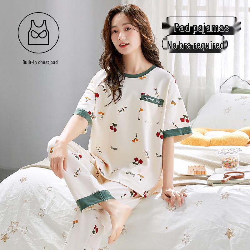 Damski kreskówkowy komplet piżamy z krótkim rękawem i wkładkami na biust - Letni bawełniany długi komplet domowy 2025