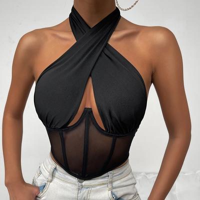 Tops Femininos 2023 Sexy Top Gótico Halter Tank y2k Top Feminino Verão Sem Costas Recortado Preto BrancoTops Roupas
