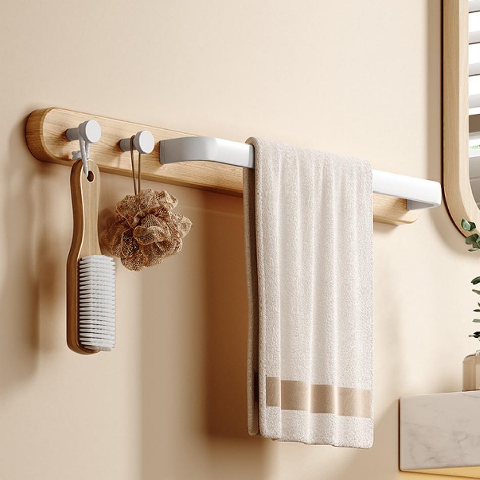 Bathroom Towel Bar with 2 Hooks Wood White Black Aluminum Wall Mount Kitchen Bathroom Towel Holder Storage Organizer Hang Shelf