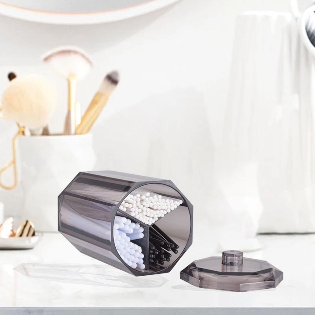 Qtip Holder Dispenser for Floss Picks Transparent Black Acrylic 3 Compartments Dust Water Resistant Lid Cotton Rounds Dispenser