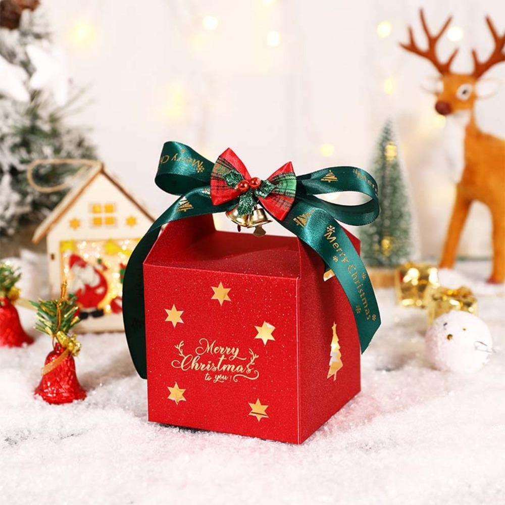 6PCS Square Christmas Gift Packing Box with Bell and Ribbon Glitter Christmas Candy Box Paper Hot-stamping Chocolate Box Kids